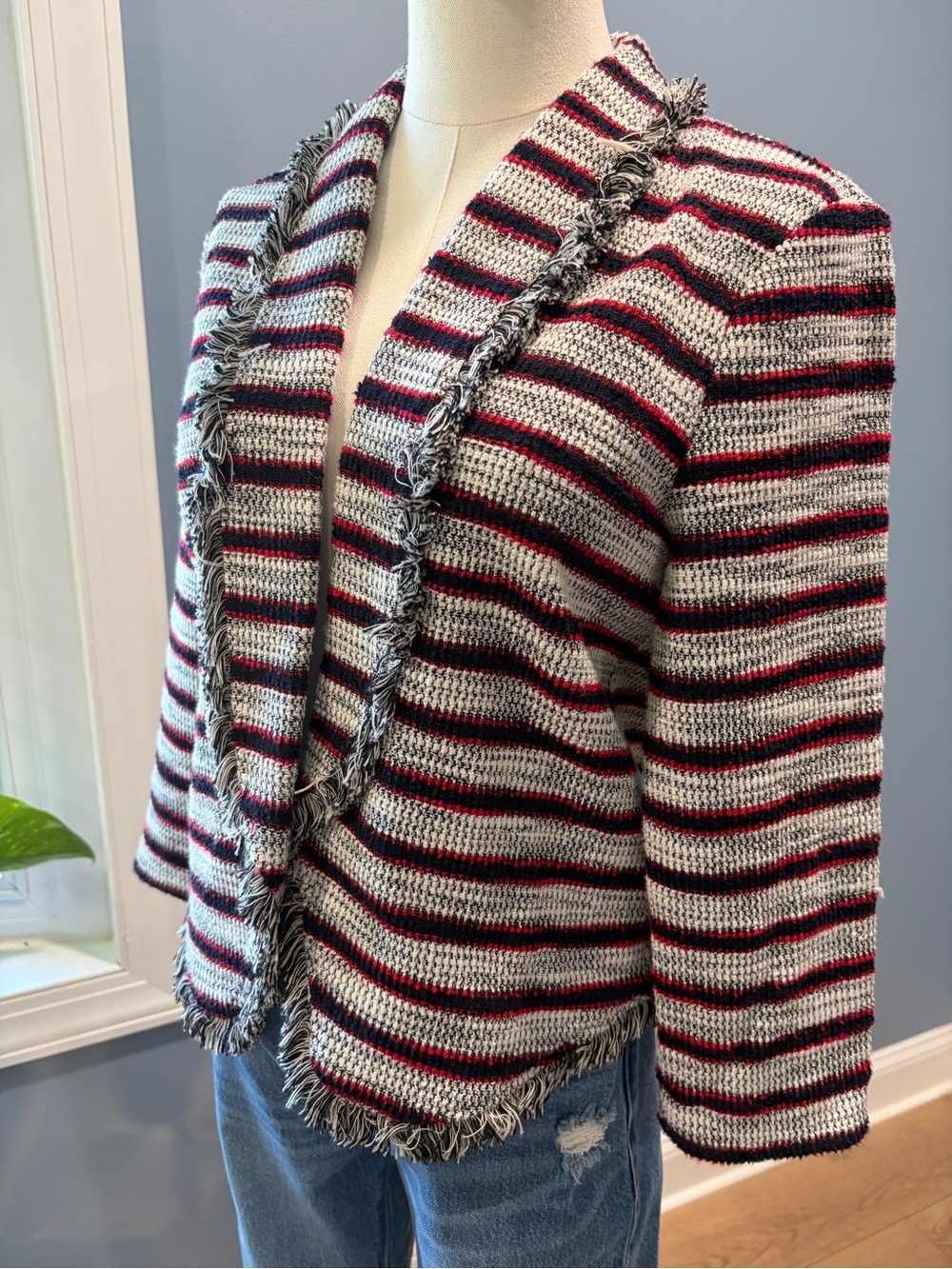 Express Striped Fringe Trim Open Front Jacket Small Boho Western